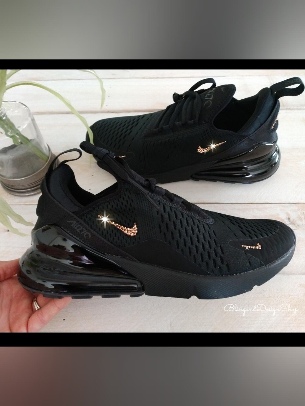 Nike Air Max 270 Black Gold Sneakers Customized with Swarovski Crystals